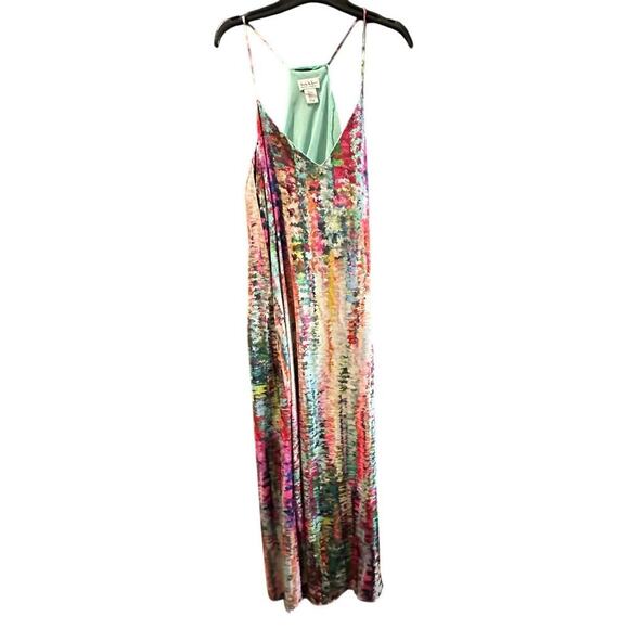 Nicole Miller Watercolor Abstract Print Satin Charmeuse Slip Maxi Dress Size L - Picture 3 of 8